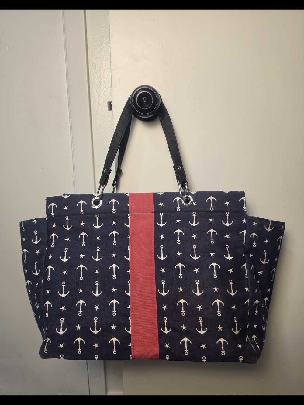 Navy Anchor Print Tote with Red Stripe